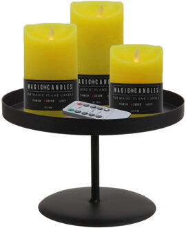 LED kaarsen/stompkaarsen - 3x st - geel - met zwart rond kaarsenbord 22 cm
