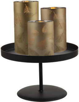 LED kaarsen/stompkaarsen - 3x st - goud - bladeren - glas - met zwart kaarsenbord 22 cm