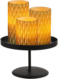 LED kaarsen/stompkaarsen - 3x st - goud - met zwart rond kaarsenbord 22 cm