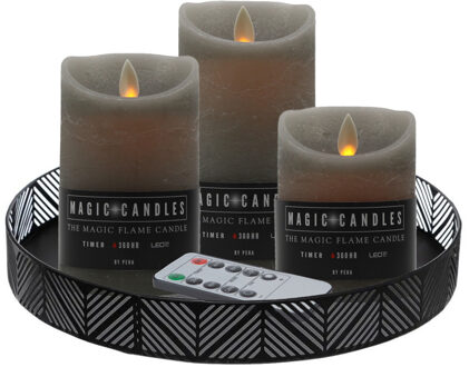 LED kaarsen/stompkaarsen - 3x st - grijs - met zwart rond kaarsenbord 29,5 cm