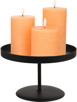 LED kaarsen/stompkaarsen - 3x st - perzik oranje - met zwart rond kaarsenbord 22 cm