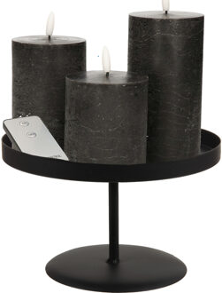 LED kaarsen/stompkaarsen - 3x st - zwart - met zwart rond kaarsenbord 22 cm