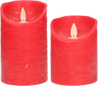 LED kaarsen/stompkaarsen - set 2x - rood - H10 en H12,5 cm - bewegende vlam - LED kaarsen