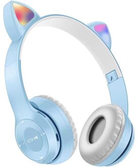 Led Kat Ear Draadloze Hoofdtelefoon 5.0 Bluetooth Oortelefoon Kids Headset 3.5Mm Met Microfoon Noise Cancelling Tf Card 04 licht blauw