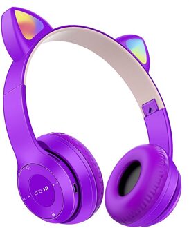 Led Kat Ear Draadloze Hoofdtelefoon 5.0 Bluetooth Oortelefoon Kids Headset 3.5Mm Met Microfoon Noise Cancelling Tf Card 06 paars
