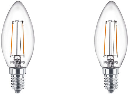 LED Lamp Filament - Set 2 Stuks - Classic LEDCandle 827 B35 CL - E14 Fitting - 2W - Warm Wit 2700K Vervangt