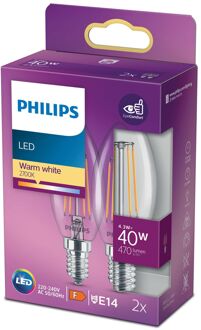LED Lamp Filament - Set 2 Stuks - Classic LEDCandle 827 B35 CL - E14 Fitting - 4.3W - Warm Wit 2700K