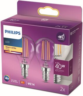 LED Lamp Filament - Set 2 Stuks - Classic Lustre 827 P45 CL - E14 Fitting - 4.3W - Warm Wit 2700K Vervangt
