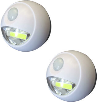 LED lampje met bewegingssensor - 2x - draadloos - zelfklevend - wit - Dia 8.5 cm - 2 standen
