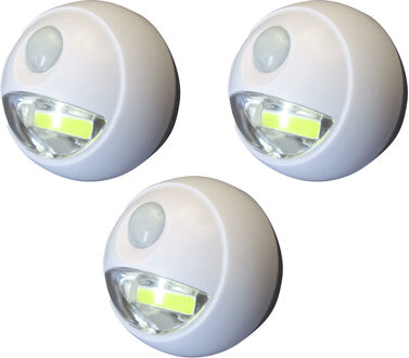 LED lampje met bewegingssensor - 3x - draadloos - zelfklevend - wit - Dia 8.5 cm - 2 standen