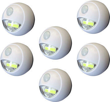 LED lampje met bewegingssensor - 6x - draadloos - zelfklevend - wit - Dia 8.5 cm - 2 standen