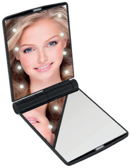 LED Make-up spiegel/handspiegel/zakspiegel - zwart - 11,5 x 8,5 cm - dubbelzijdig