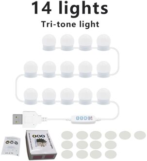 Led Make-Up Spiegel Licht Usb 14 Lampen Kaptafel Ijdelheid Lamp Led Cosmetische Verlichting Traploos Dimbare Badkamer Spiegel Lamp 14 stk Tri kleur