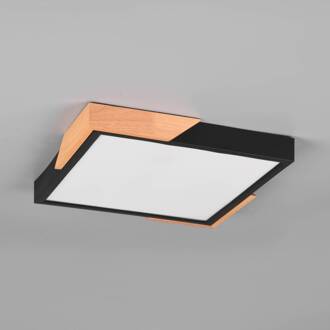 LED plafondlamp Meta, 31,5x31,5cm, 3.000K, zwart zwart, licht hout, opaal