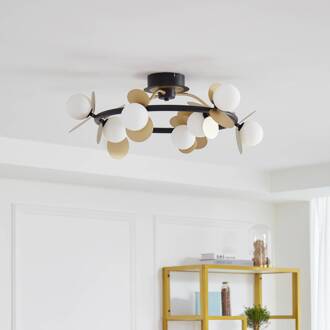 LED plafondlamp Pallo, 9-lamps, zwart/goud, glas zwart, goud, wit