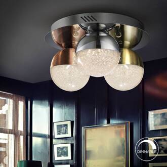 LED plafondlamp Sphere, multicolour, 3-lamps chroom, gesatineerd koper, gesatineerd messing