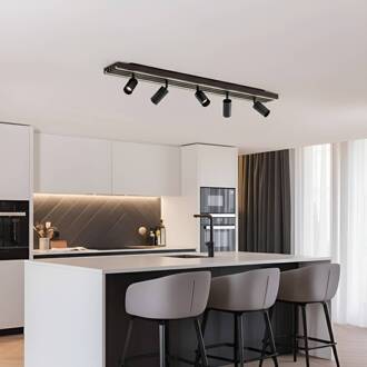 LED plafondspot Tiron, 5-lamps, 100 cm, eikenhout Donker hout, zwart