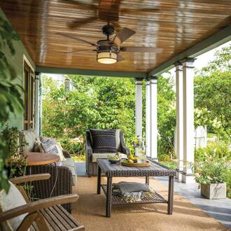 LED plafondventilator Ahrendale, IP44 antiek-grijs, ijzer, wit