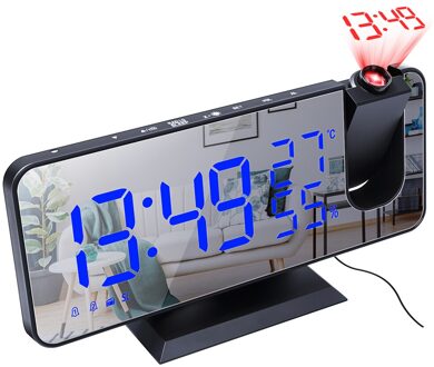 Led Projectie Wekker Digitale Datum Snooze Spiegel Functie Backlight Kalender Home Decor Usb Charger Tafel Klok blauw on zwart