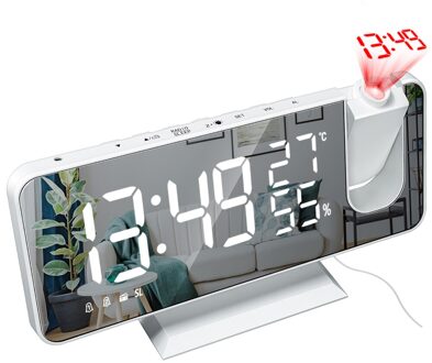 Led Projectie Wekker Digitale Datum Snooze Spiegel Functie Backlight Kalender Home Decor Usb Charger Tafel Klok wit on wit
