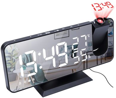Led Projectie Wekker Digitale Datum Snooze Spiegel Functie Backlight Kalender Home Decor Usb Charger Tafel Klok zwart on zwart