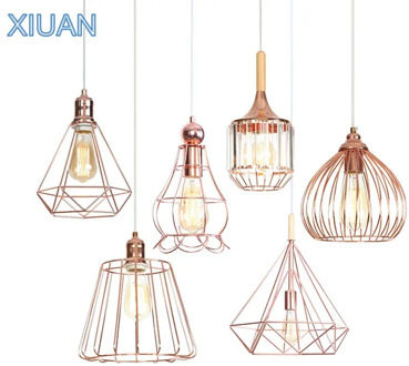 LED Rose Gold Lamp American Simple Wooden Hanging Pendant Light for Kitchen Bedroom Living Room Iron Cage Suspension Luminaire