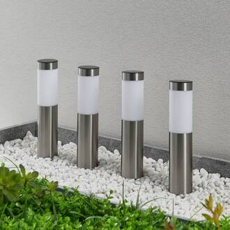 LED sokkellamp, set van 4, grondspies, 31 cm, IP44 zilver, opaalwit