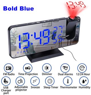 Led Spiegel Screen Projectie Wekker Weerbericht Radio Thermo-Hygrometer Digitale Klok Moderne Kantoor Slaapkamer Desktop Decoratie A-Bold blauw