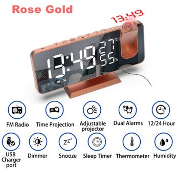 Led Spiegel Screen Projectie Wekker Weerbericht Radio Thermo-Hygrometer Digitale Klok Moderne Kantoor Slaapkamer Desktop Decoratie A-roos goud