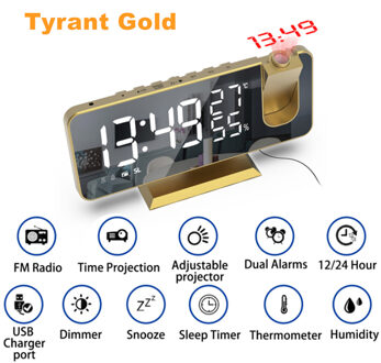 Led Spiegel Screen Projectie Wekker Weerbericht Radio Thermo-Hygrometer Digitale Klok Moderne Kantoor Slaapkamer Desktop Decoratie A-Tyrant goud