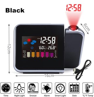 Led Spiegel Screen Projectie Wekker Weerbericht Radio Thermo-Hygrometer Digitale Klok Moderne Kantoor Slaapkamer Desktop Decoratie B-zwart
