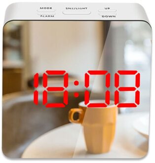 Led Spiegel Wekker Digitale Snooze Tafel Klok Wake Up Light Elektronische Grote Tijd Temperatuur Display Home Decoratie Klok plein rood