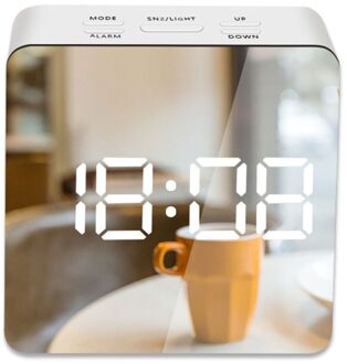 Led Spiegel Wekker Digitale Snooze Tafel Klok Wake Up Light Elektronische Grote Tijd Temperatuur Display Home Decoratie Klok plein wit