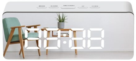 Led Spiegel Wekker Digitale Snooze Tafel Klok Wake Up Light Elektronische Grote Tijd Temperatuur Display Home Decoratie Klok rechthoek wit