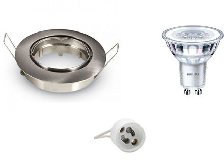 LED Spot Set - Aigi - GU10 Fitting - Inbouw Rond - Mat Chroom - Kantelbaar Ø82mm - Philips - CorePro 827 36D - 3.5W - Zilverkleurig