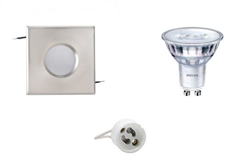 Led Spot Set - Aigi - Gu10 Fitting - Waterdicht Ip65 - Inbouw Vierkant - Mat Chroom - 82mm - Philips - Sceneswitch 827 Zilverkleurig