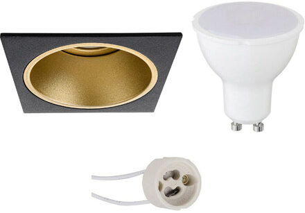 LED Spot Set - Aigi - Pragmi Minko Pro - GU10 Fitting - Inbouw Vierkant - Mat Zwart/Goud - 6W - Helder/Koud Wit 6400K