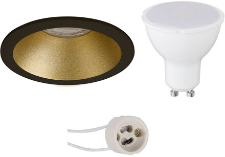 LED Spot Set - Aigi - Pragmi Pollon Pro - GU10 Fitting - Inbouw Rond - Mat Zwart/Goud - 6W - Warm Wit 3000K - Verdiept