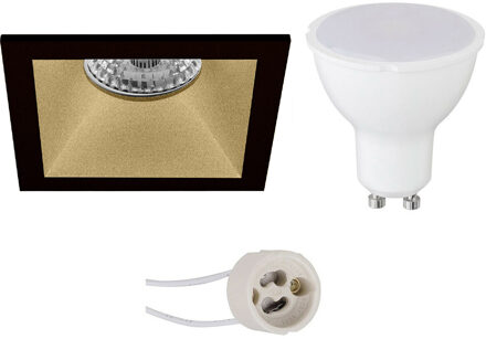 LED Spot Set - Aigi - Pragmi Pollon Pro - GU10 Fitting - Inbouw Vierkant - Mat Zwart/Goud - 6W - Warm Wit 3000K