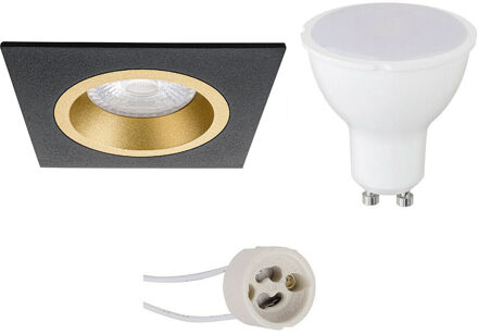 LED Spot Set - Aigi - Pragmi Rodos Pro - GU10 Fitting - Inbouw Vierkant - Mat Zwart/Goud - 6W - Warm Wit 3000K - 93mm