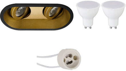 LED Spot Set - Aigi - Pragmi Zano Pro - GU10 Fitting - Inbouw Ovaal Dubbel - Mat Zwart/Goud - 6W - Helder/Koud Wit 6400K