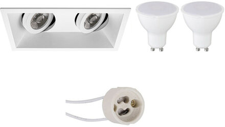 LED Spot Set - Aigi - Pragmi Zano Pro - GU10 Fitting - Inbouw Rechthoek Dubbel - Mat Wit - 6W - Warm Wit 3000K