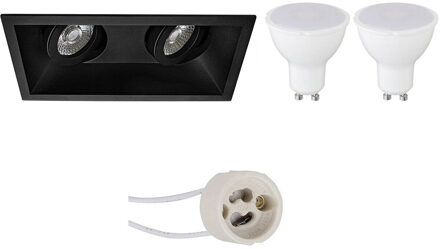 LED Spot Set - Aigi - Pragmi Zano Pro - GU10 Fitting - Inbouw Rechthoek Dubbel - Mat Zwart - 8W - Helder/Koud Wit 6400K