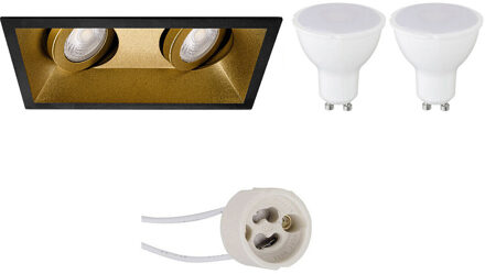 LED Spot Set - Aigi - Pragmi Zano Pro - GU10 Fitting - Inbouw Rechthoek Dubbel - Mat Zwart/Goud - 8W - Helder/Koud Wit