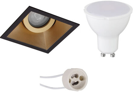 LED Spot Set - Aigi - Pragmi Zano Pro - GU10 Fitting - Inbouw Vierkant - Mat Zwart/Goud - 6W - Warm Wit 3000K