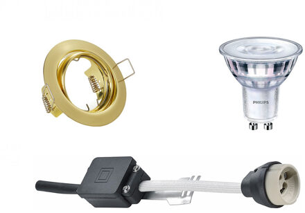 Led Spot Set - Gu10 Fitting - Inbouw Rond - Mat Goud - Kantelbaar Ø83mm - Philips - Sceneswitch 827 36d - 1.5w-5w - Warm Goudkleurig