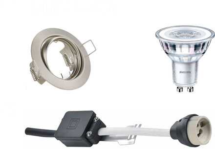 LED Spot Set - GU10 Fitting - Inbouw Rond - Mat Nikkel - Kantelbaar Ø83mm - Philips - CorePro 827 36D - 3.5W - Warm Wit Zilverkleurig