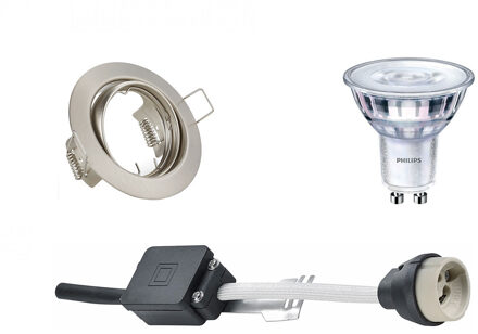 Led Spot Set - Gu10 Fitting - Inbouw Rond - Mat Nikkel - Kantelbaar Ø83mm - Philips - Sceneswitch 827 36d - 1.5w-5w - Zilverkleurig