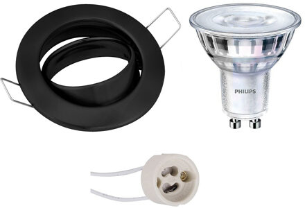 Led Spot Set - Gu10 Fitting - Inbouw Rond - Mat Zwart - Kantelbaar Ø82mm - Philips - Sceneswitch 827 36d - 1.5w-5w