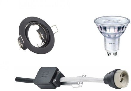 Led Spot Set - Gu10 Fitting - Inbouw Rond - Mat Zwart - Kantelbaar Ø83mm - Philips - Sceneswitch 827 36d - 1.5w-5w